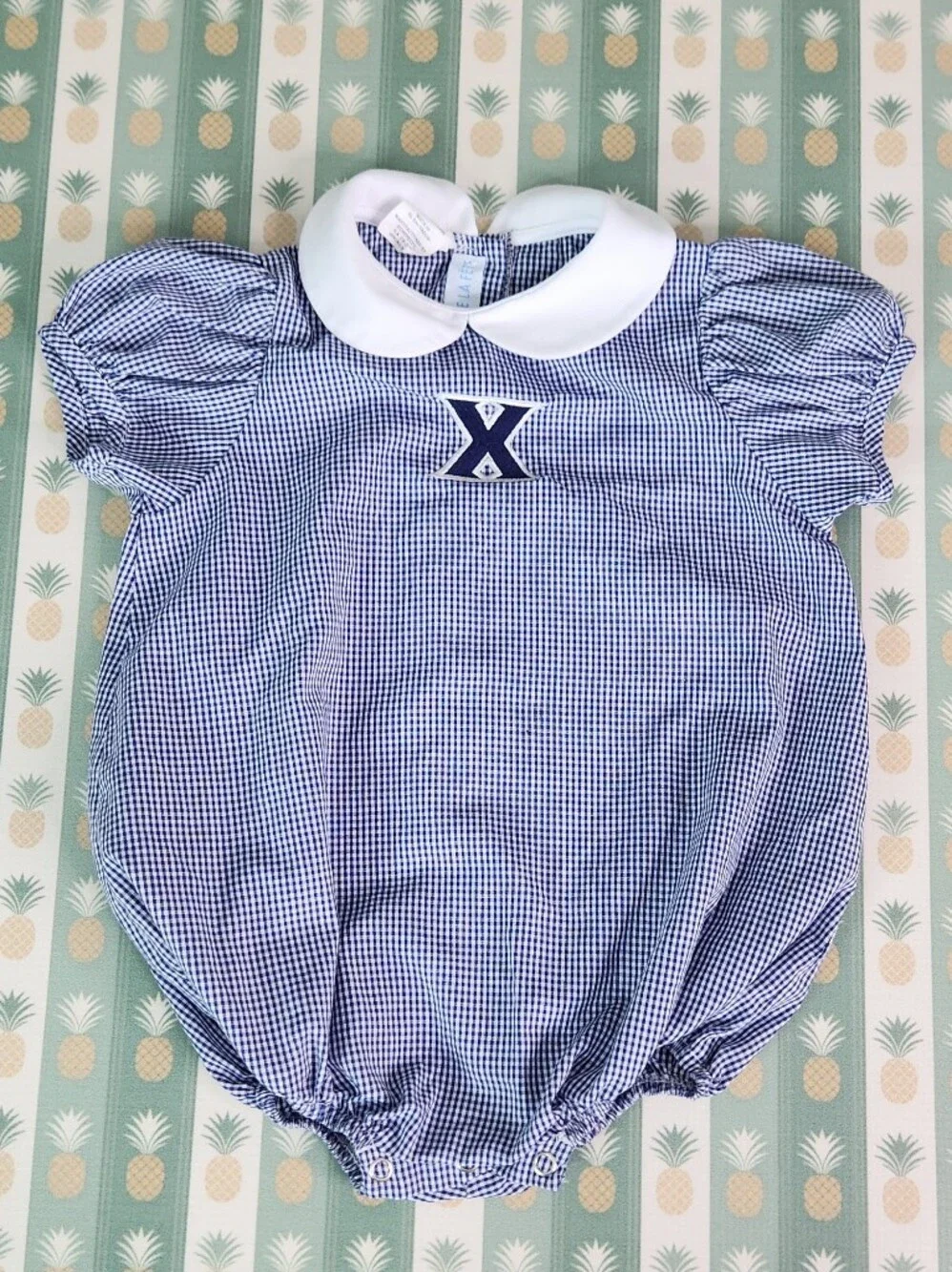 Xavier University Navy Gingham Baby Bubble Romper with White Peter Pan Collar